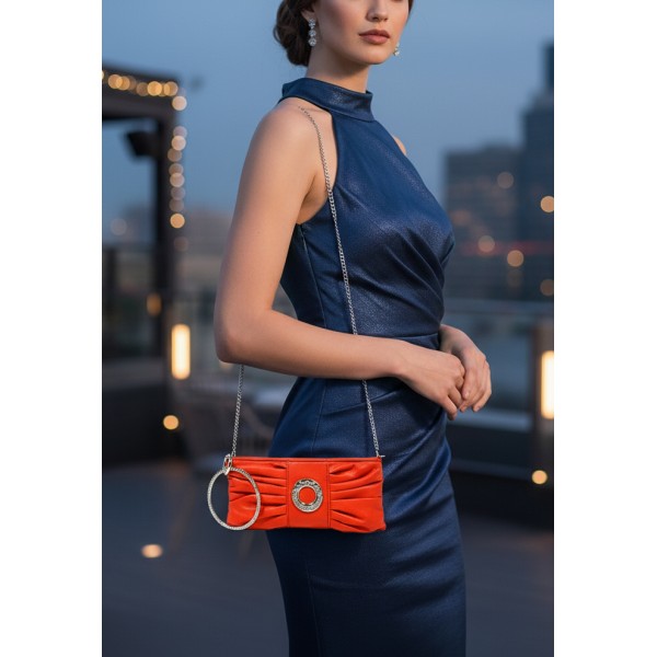 Evening Bag - Pleated PU Leather w/ Rhinestone Loop Wristlet - Red - BG-7070M-RD